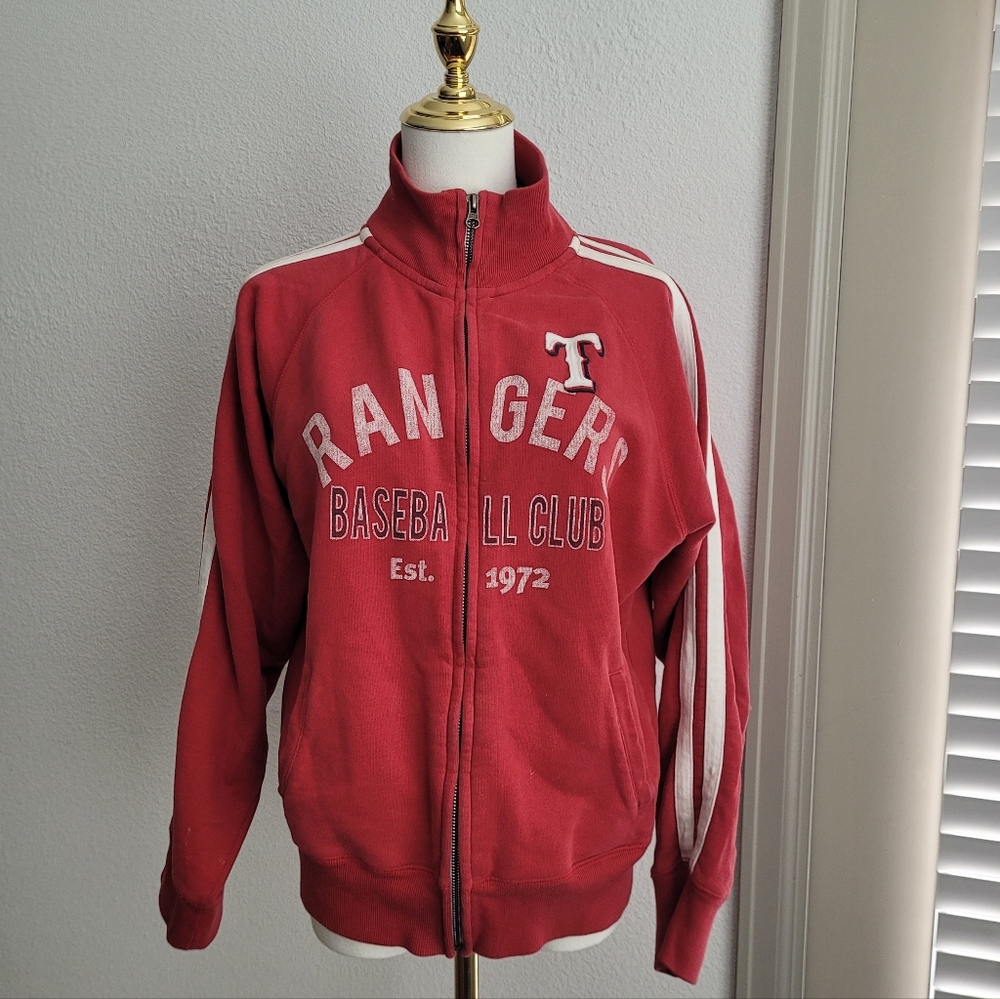 Banner 47 Texas Rangers Red Baseball Full Zip Sweater Size Large